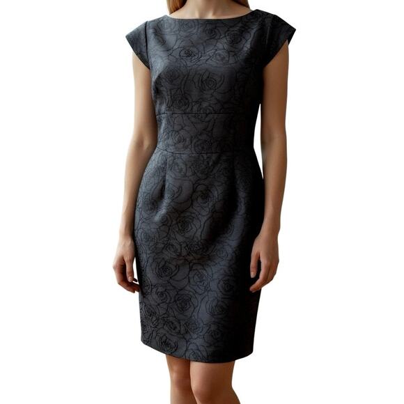 Brooks Brothers 346 Black Brocade Rose Patterned Cap Sleeve Shift Dress - 10 - Picture 1 of 10